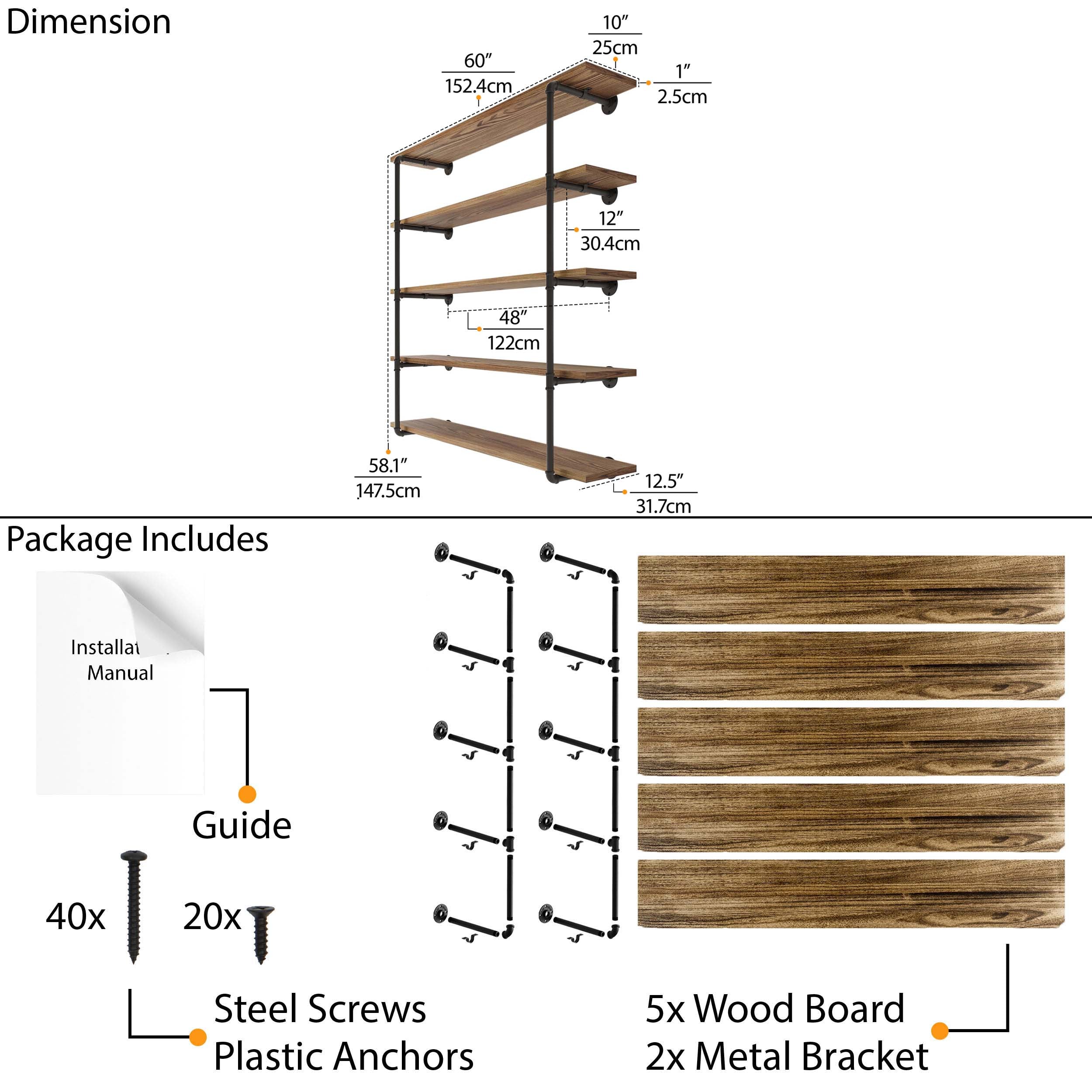 60” long pipe shelf dimensions featuring a burnt finish and rich ebony wood boards. Includes 5 wood shelves, pipe brackets, screws, anchors, and guide for durable wall-mounted farmhouse storage and organization.