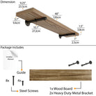 A detailed diagram showing the dimensions of a 48" floating shelf, along with its components: wood board, pipe brackets, screws, and installation guide.