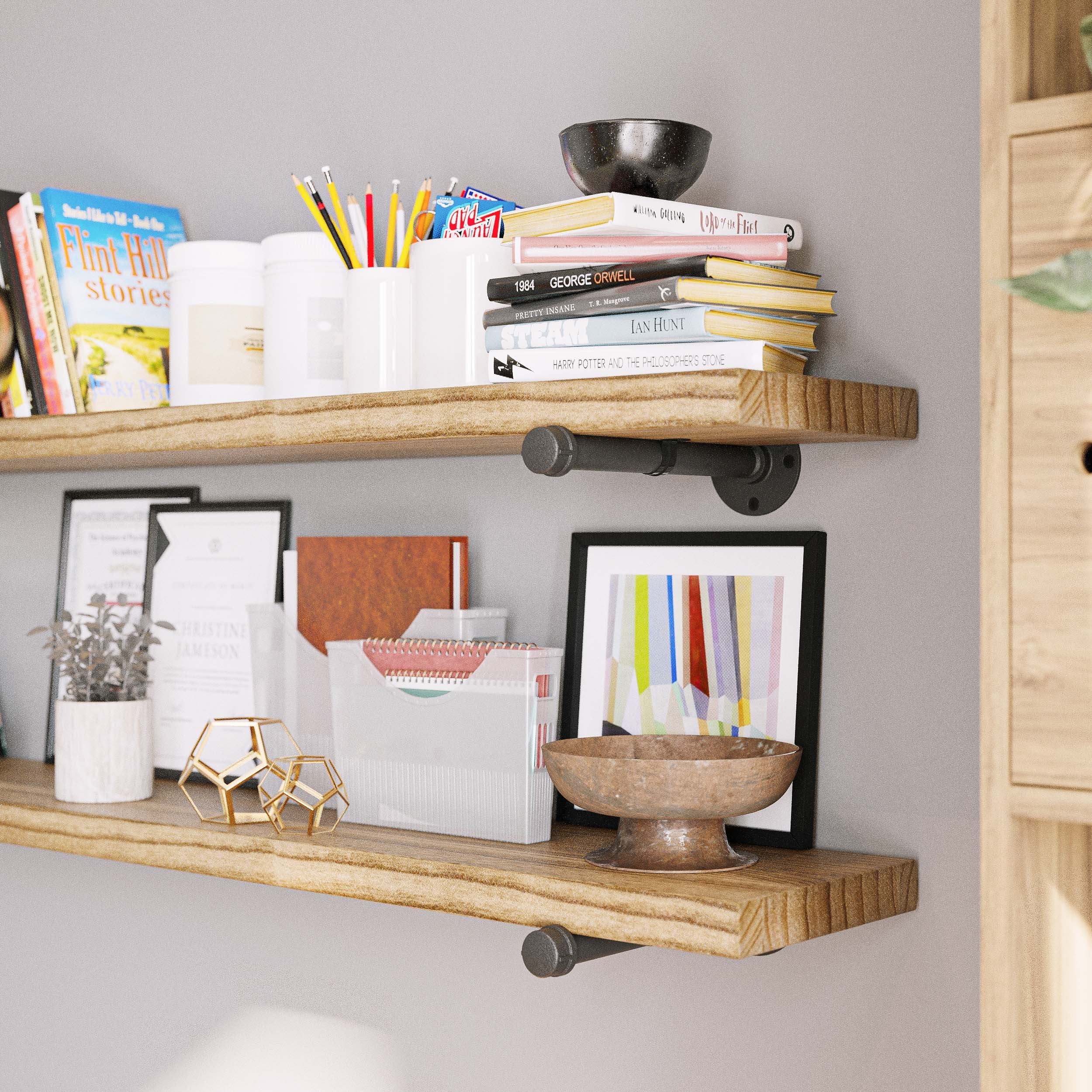 A close-up of 2 rustic shelves for room decor loaded with books, office supplies, and decorative items, highlighting its capacity and sturdy design.