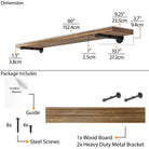 A technical diagram detailing the dimensions of a 60" floating pipe shelf. The package includes a wood board, metal brackets, screws, and an installation guide.
