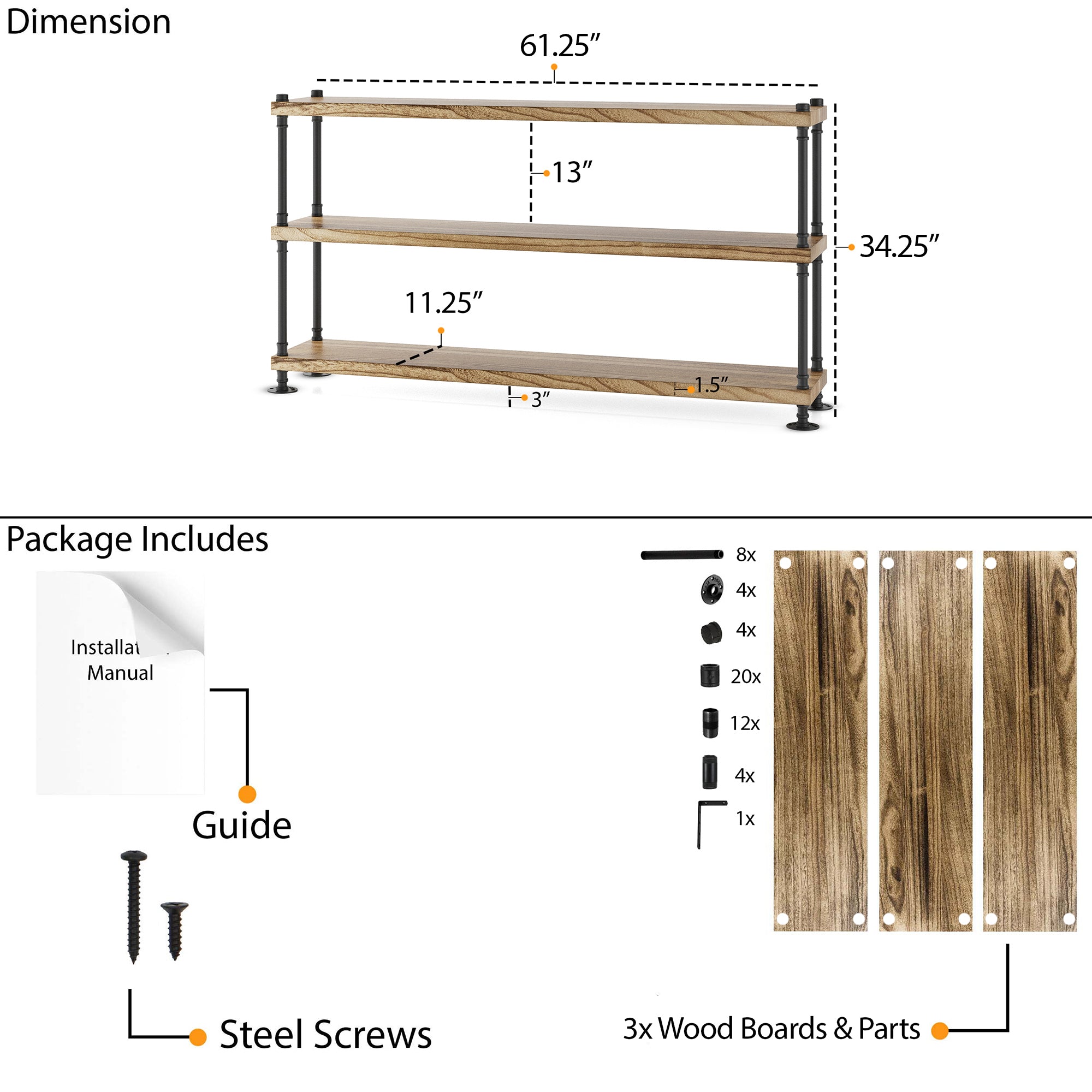 3 tier industrial bookshelf with dimensions and package contents including wood boards, screws, and a guide.