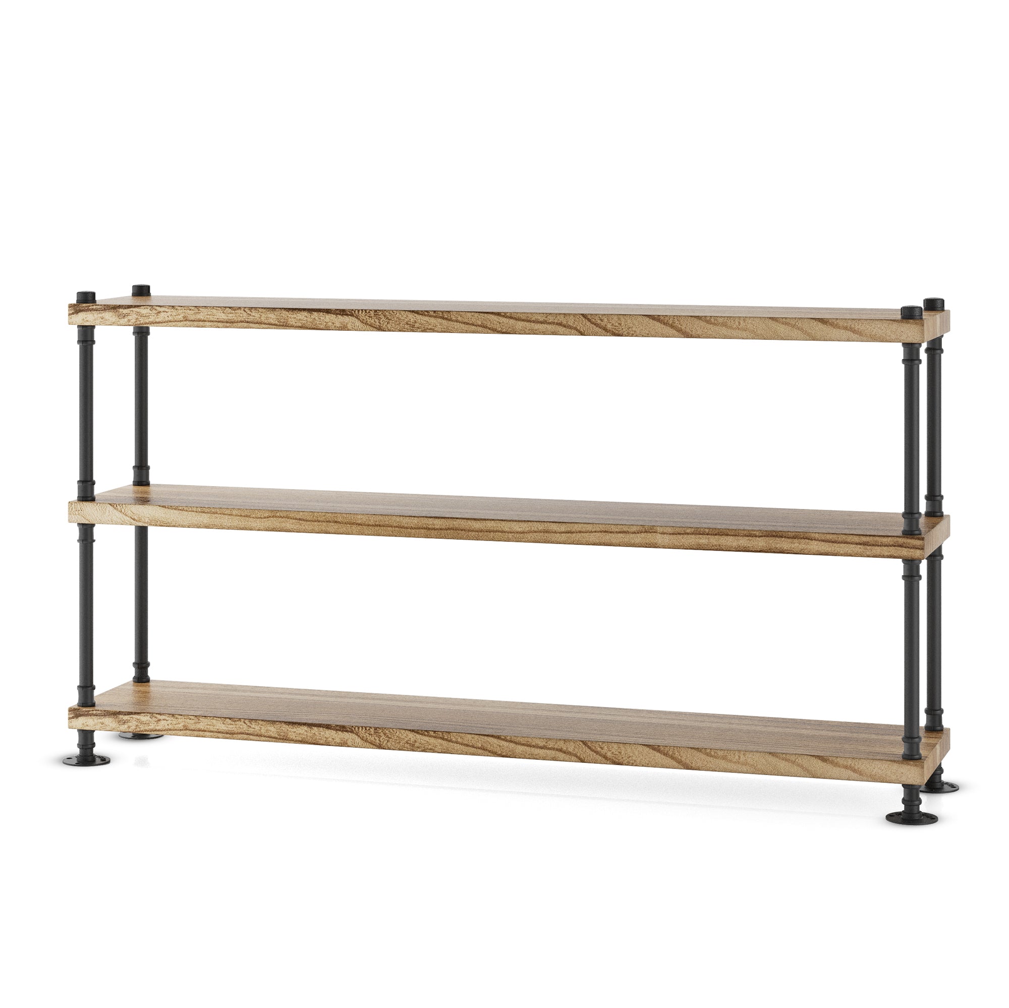 Wooden shelving unit with pipe bracket legs on a white background