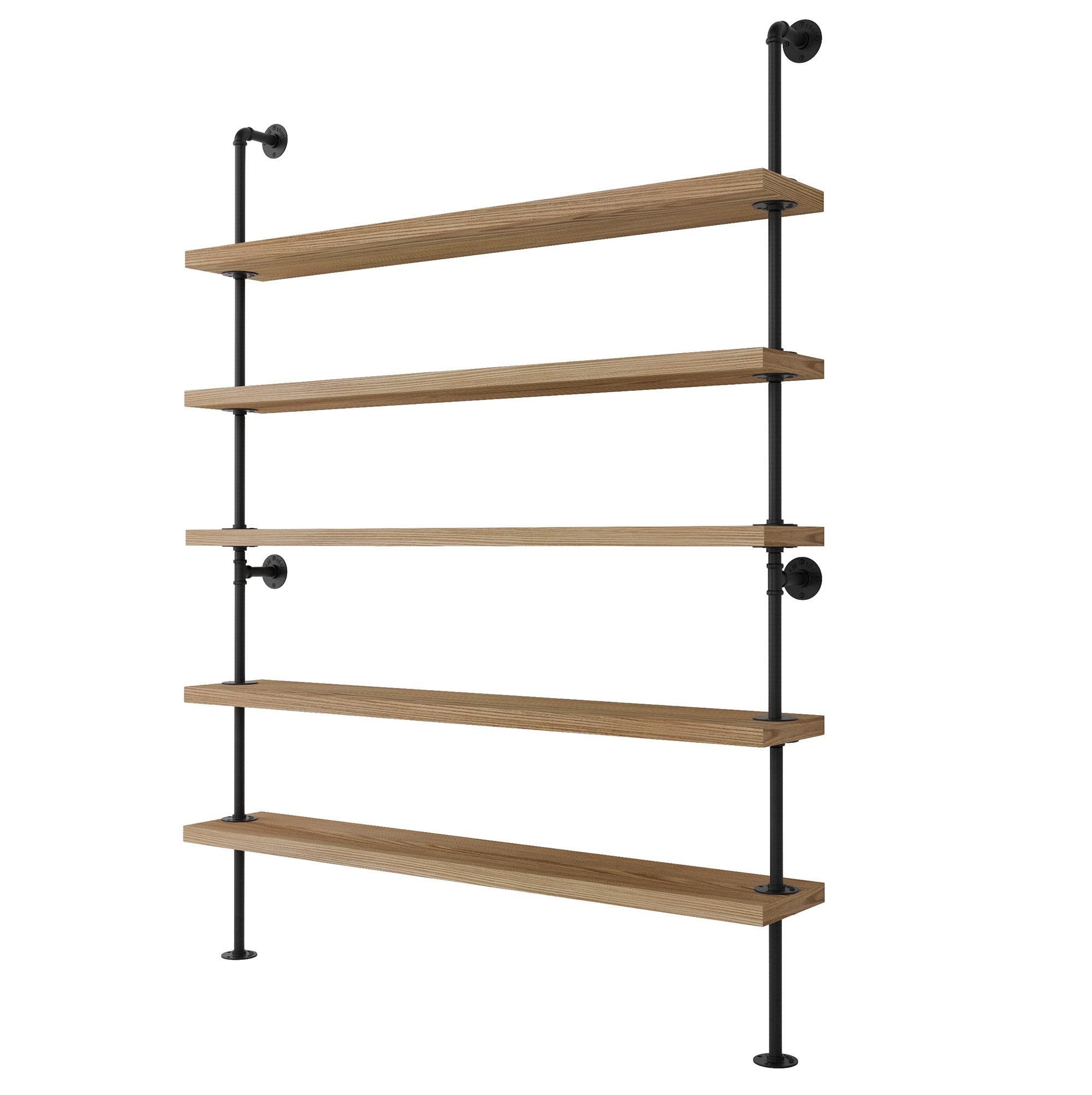 5 tier industrial shelving unit with real wood boards with black metal pipe brackets on a white background