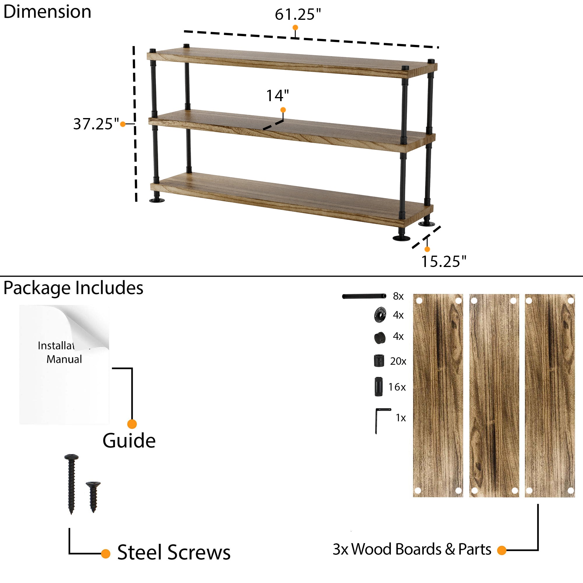 Hanging wood shelf with dimensions and package contents including wood boards, screws, and a guide on a white background.
