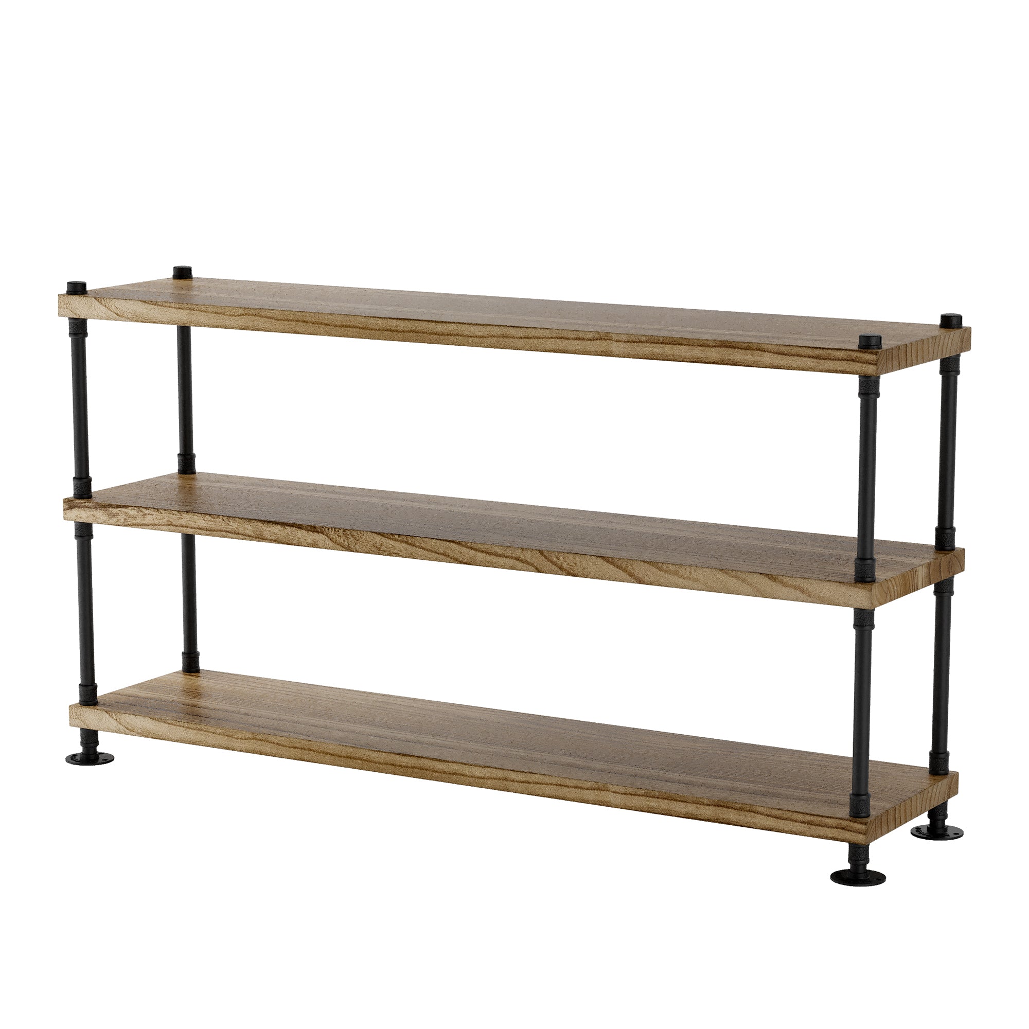 Three-tiered wooden bookcase with pipe shelf brackets on a white background