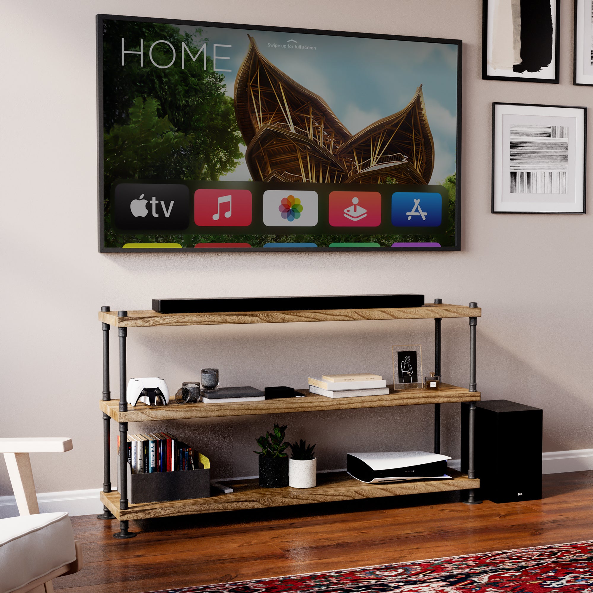 Living room setup with a TV displaying home screen, soundbar, and 60 inch long and 3 tiered pipe shelves.