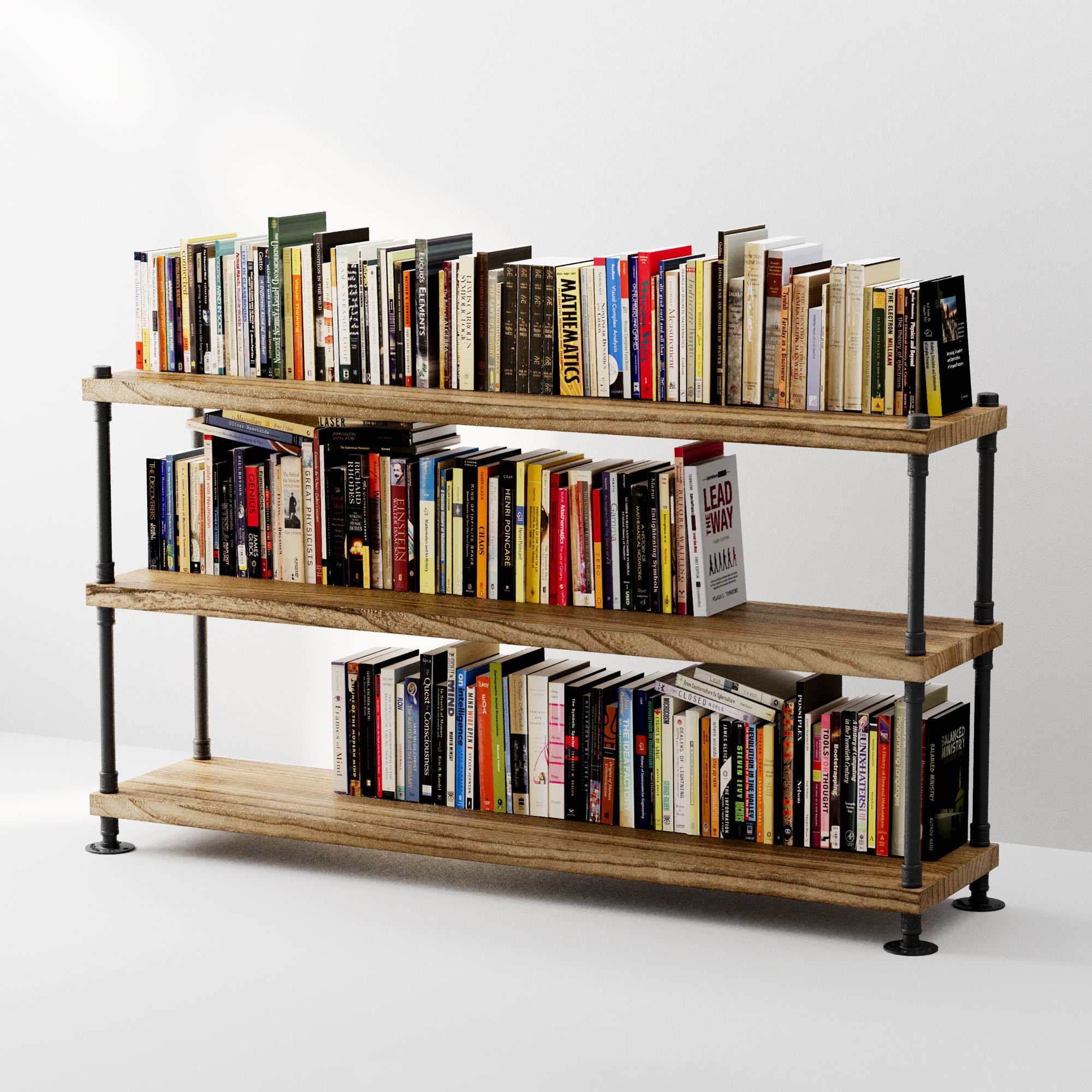 3 tiered wooden bookcase with books on a white background