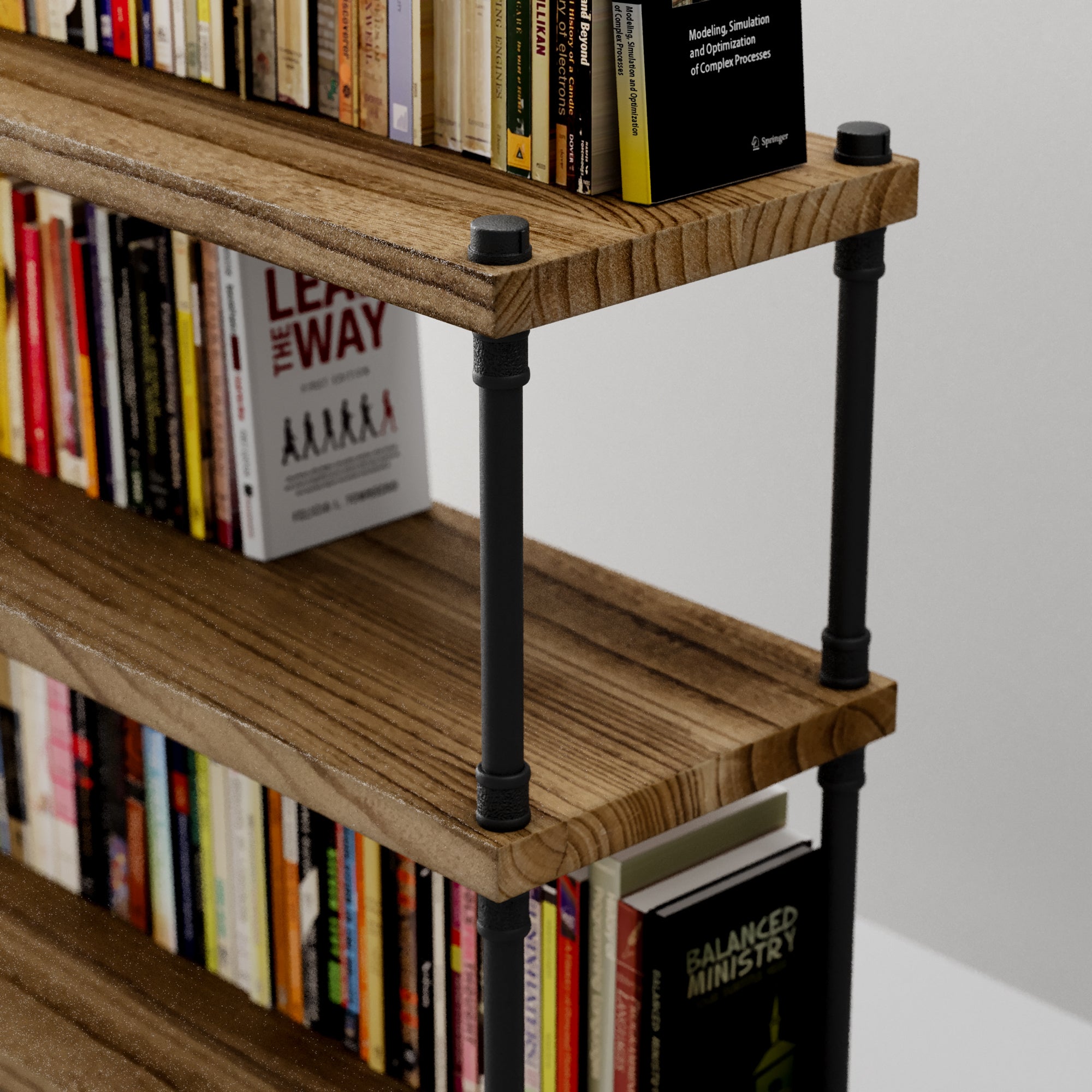Wooden bookshelf with books on a white background
