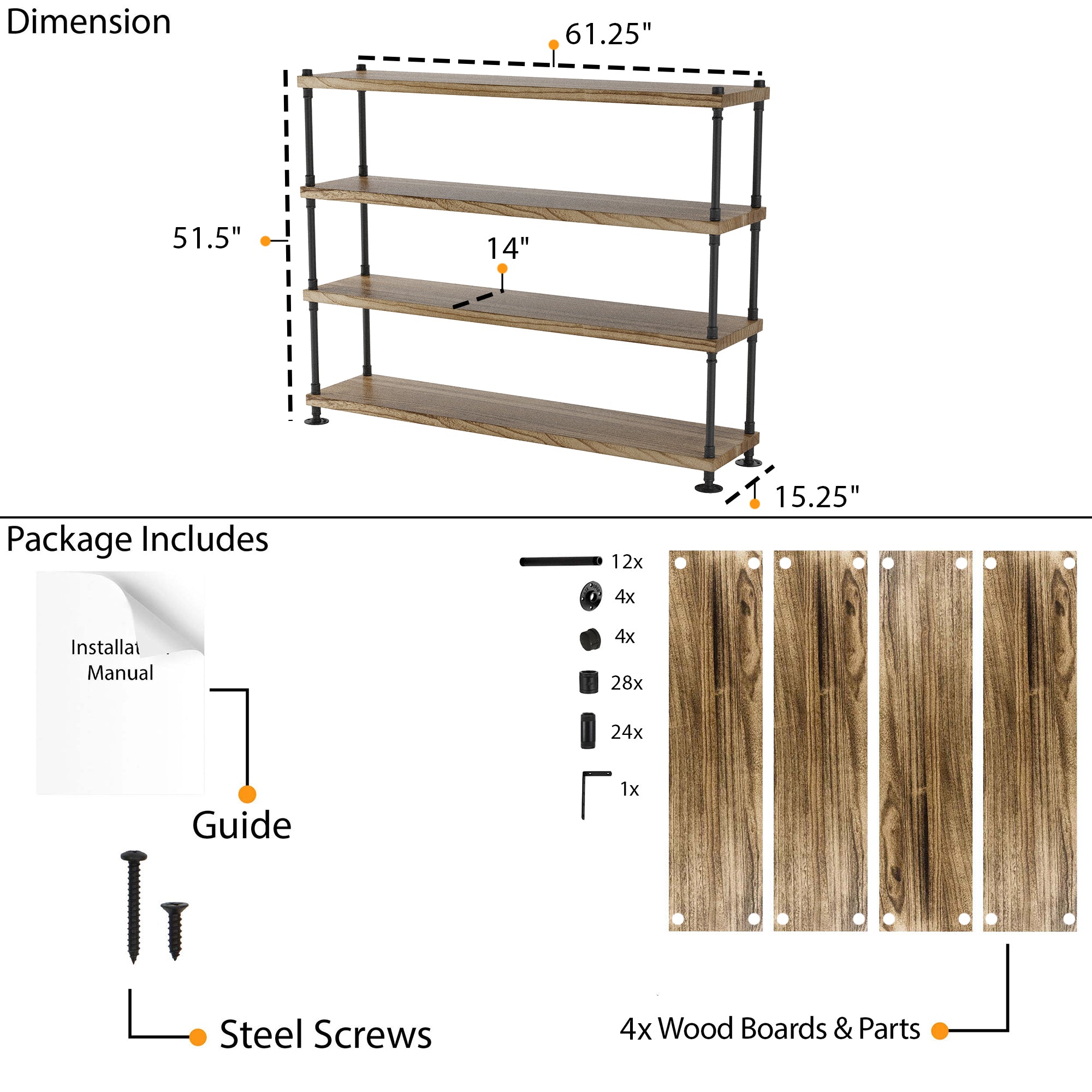 Pipe shelving unit with dimensions and package contents including wood boards, screws, and a guide.