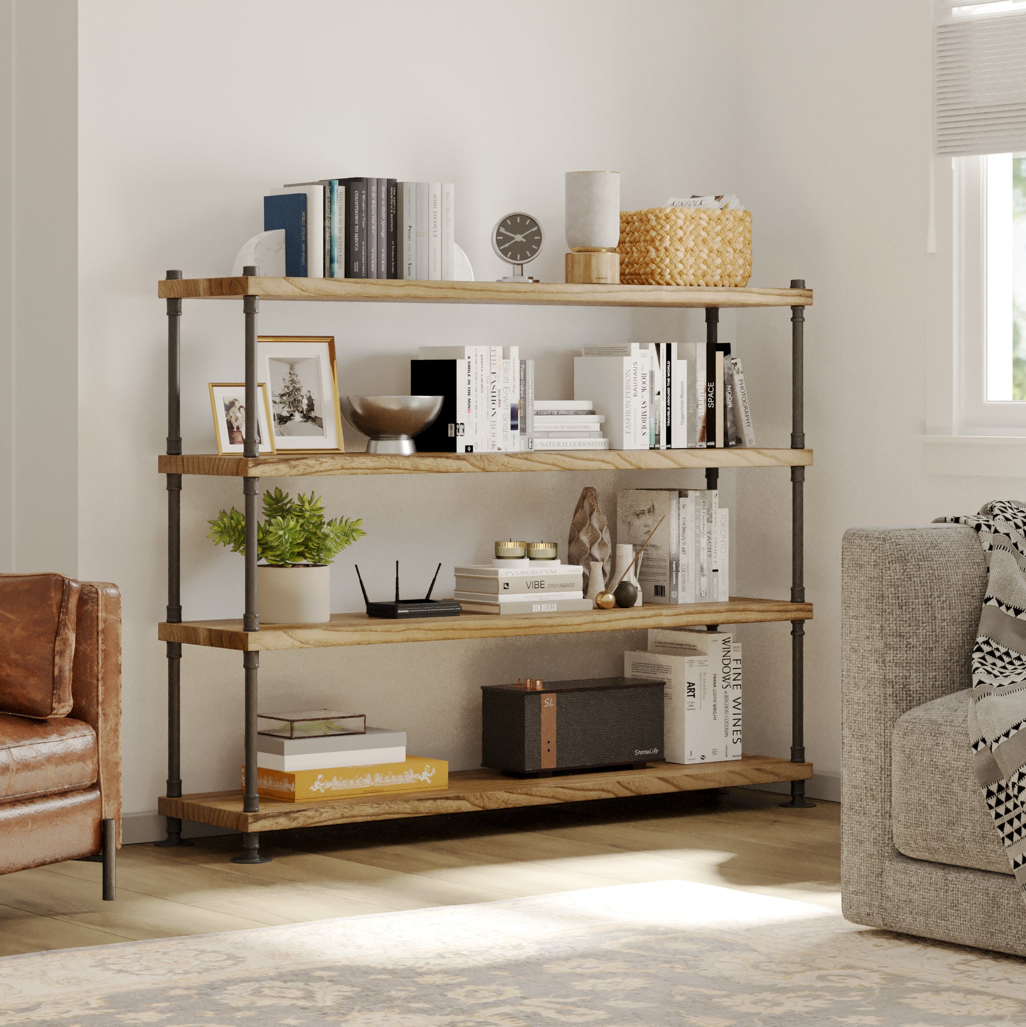 4 tiered wooden bookcase with decorative items in a living room setting