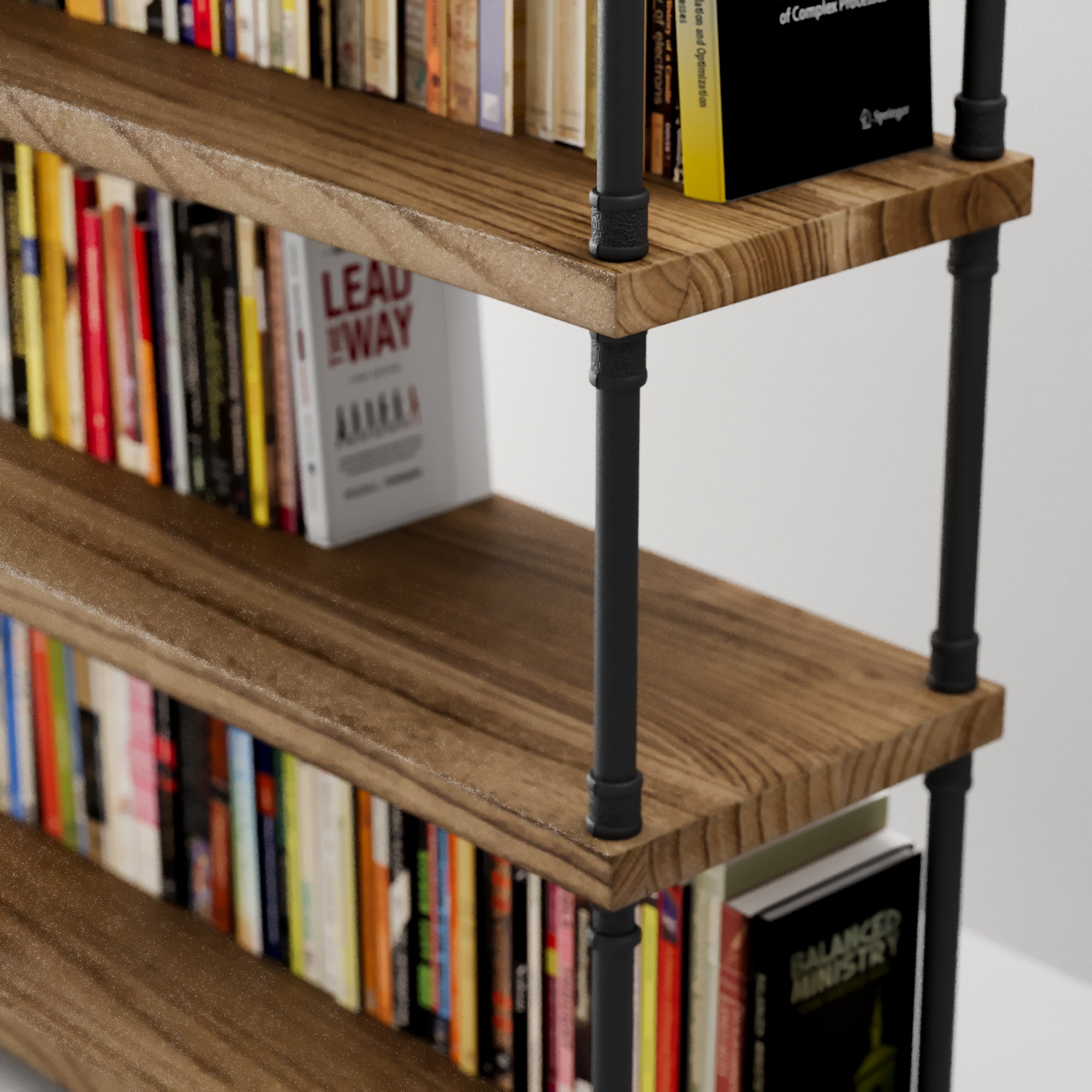 Wood shelf with black pipe brackets with books on a white background