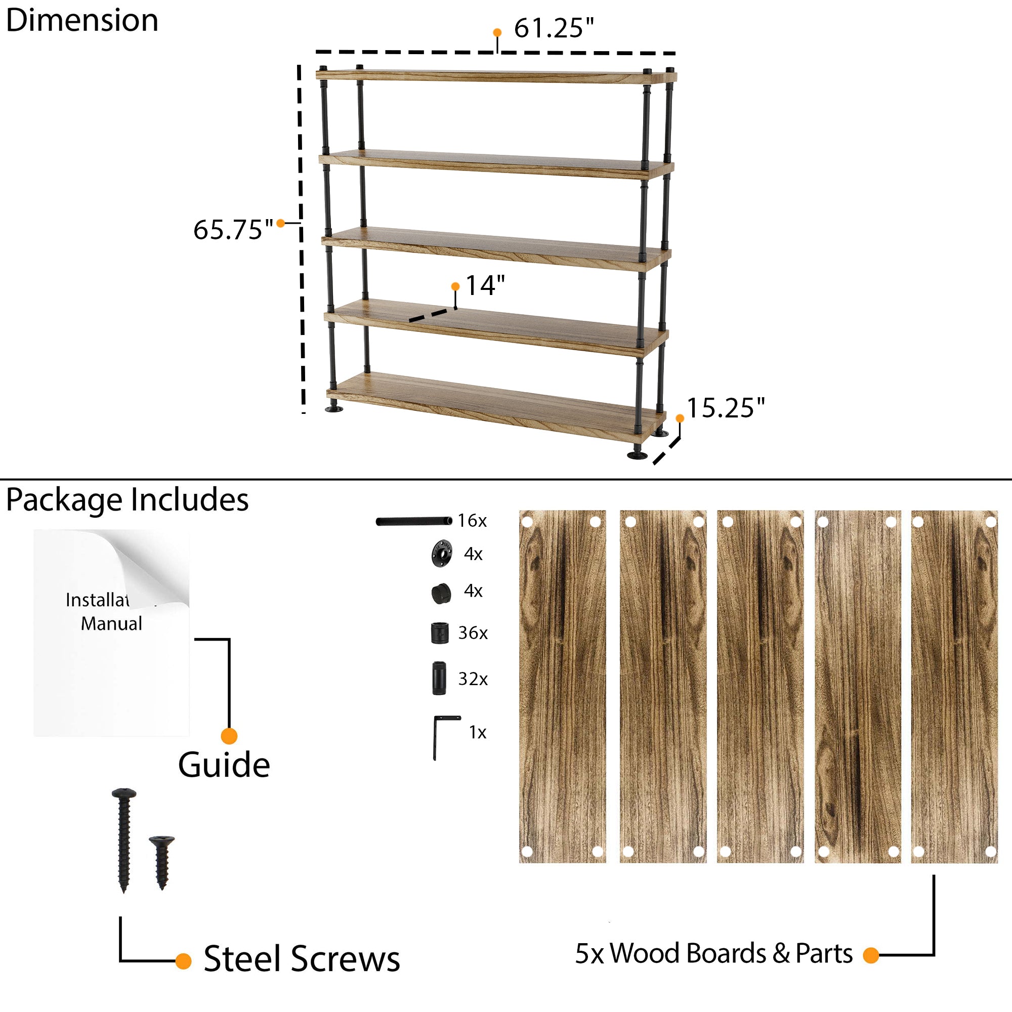 Product packaging with dimensions, installation manual, guide, steel screws, and wood boards.