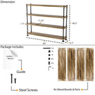 4 tiered 6" long shelving unit with dimensions and package contents including wood boards, screws, and a guide.