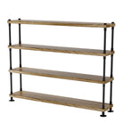 Four-tier wooden shelf with black metal pipe brackets on a white background