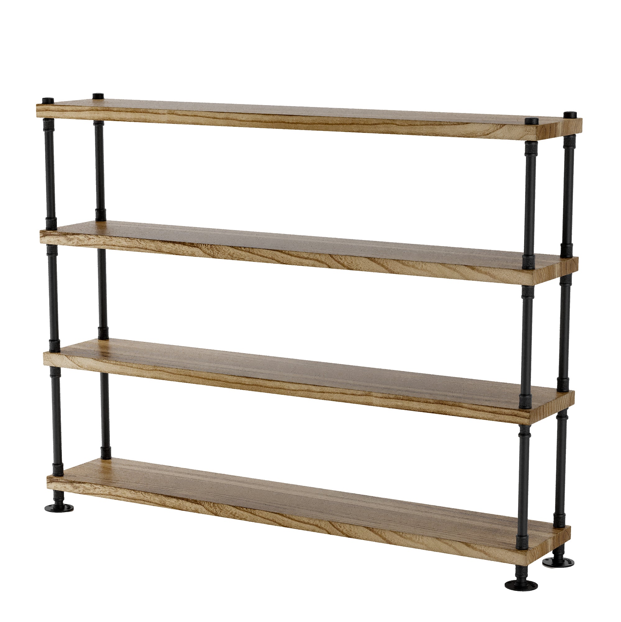 Four-tier wooden shelf with black metal pipe brackets on a white background