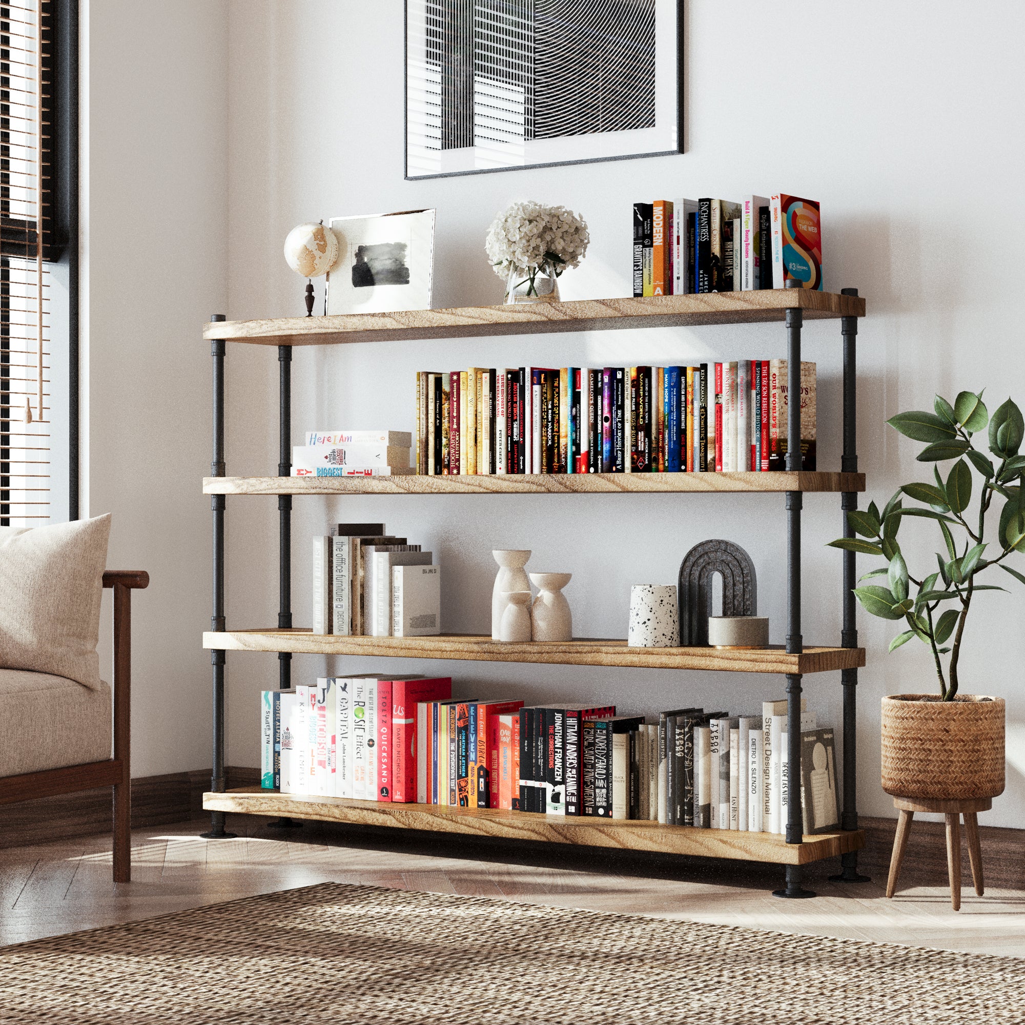 A long, 4 tiered hanging shelf for wall decor with books and decor items in a room with a plant and framed picture.