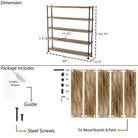 60" long & 12.5" deep 5 tiered rustic shelving unit with dimensions and package contents including wood boards, screws, and a guide.