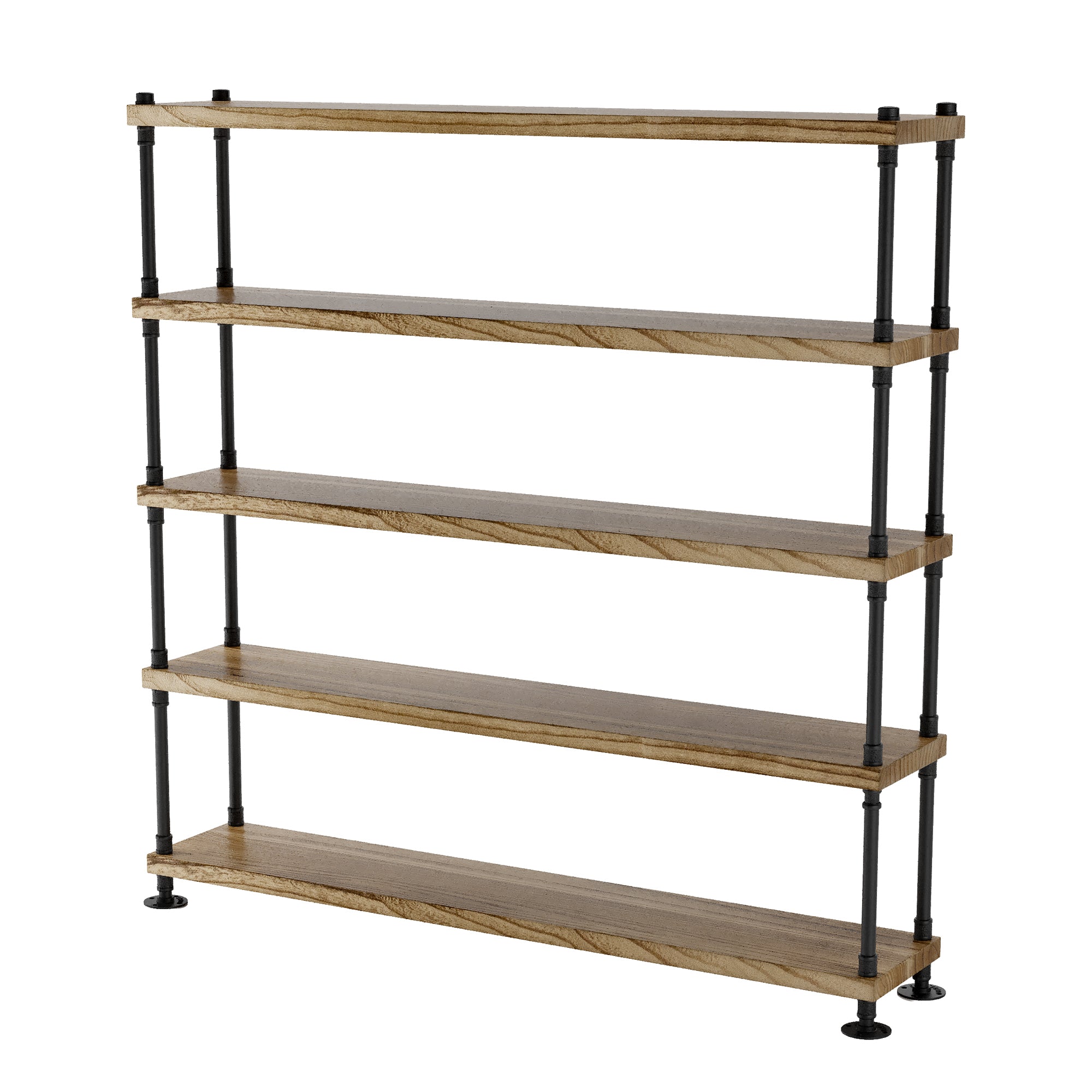 5 tiered boho shelf with iron pipe brackets on a white background