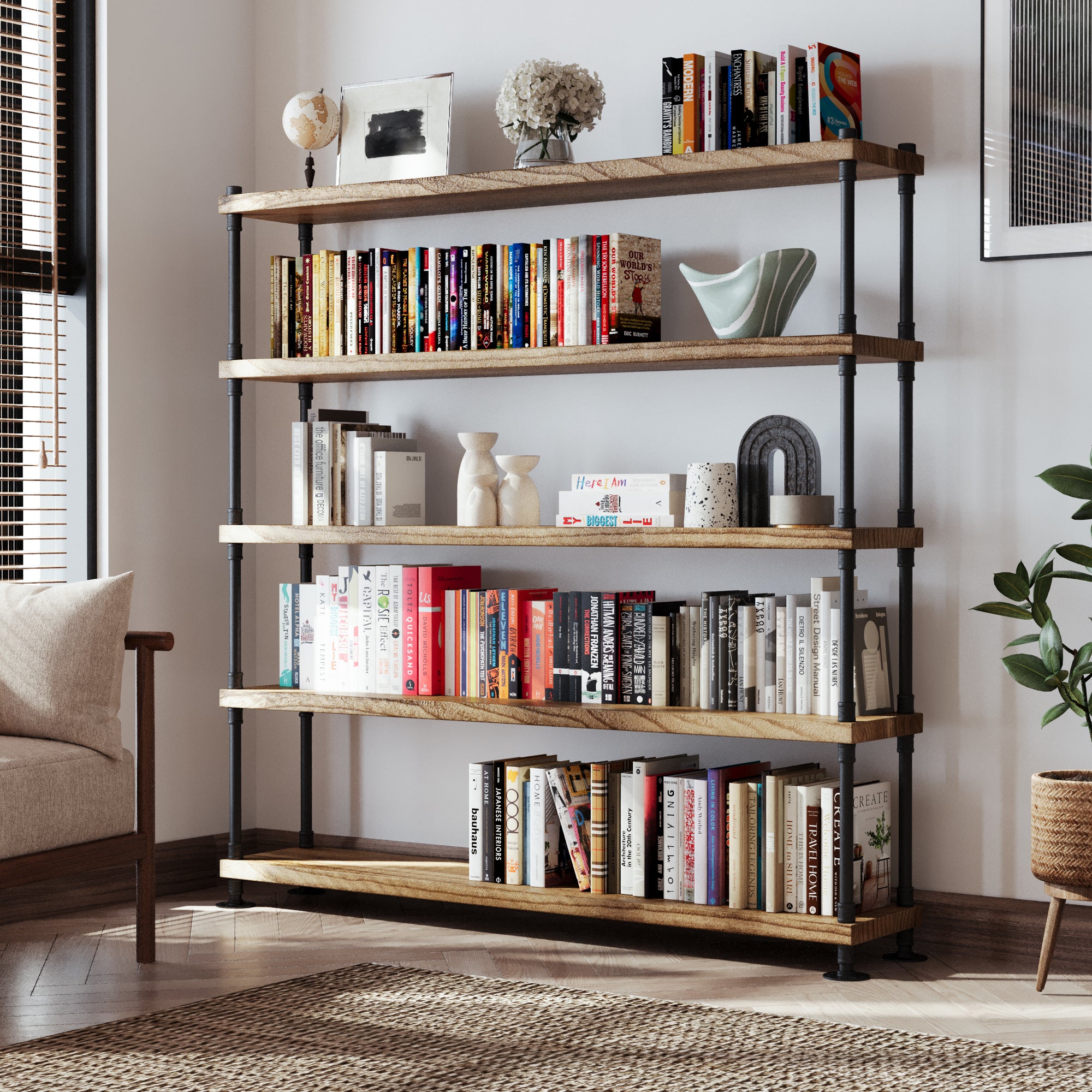 5 tiered living room shelf with books and decorative items in a room setting