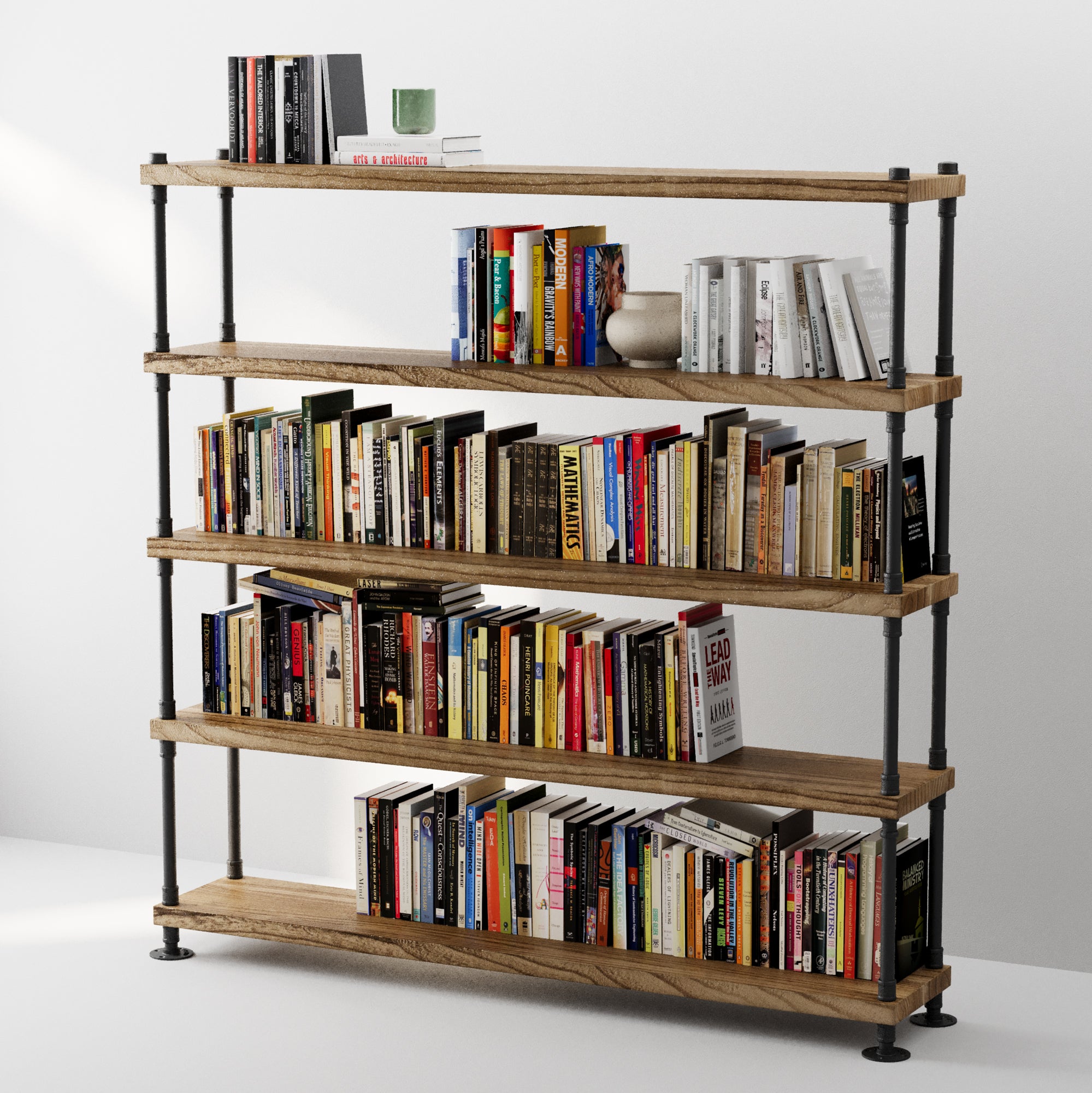 5 tier farmhouse shelf for living room decor with 1.5" thick wood boards and black industrial pipe brackets filled with books against a white background
