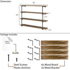 60” x 58” 4 tier pipe shelf dimensions with rich ebony finish wood boards and black pipe brackets. Includes hardware, anchors, screws, and installation guide for durable wall-mounted shelving and rustic storage.