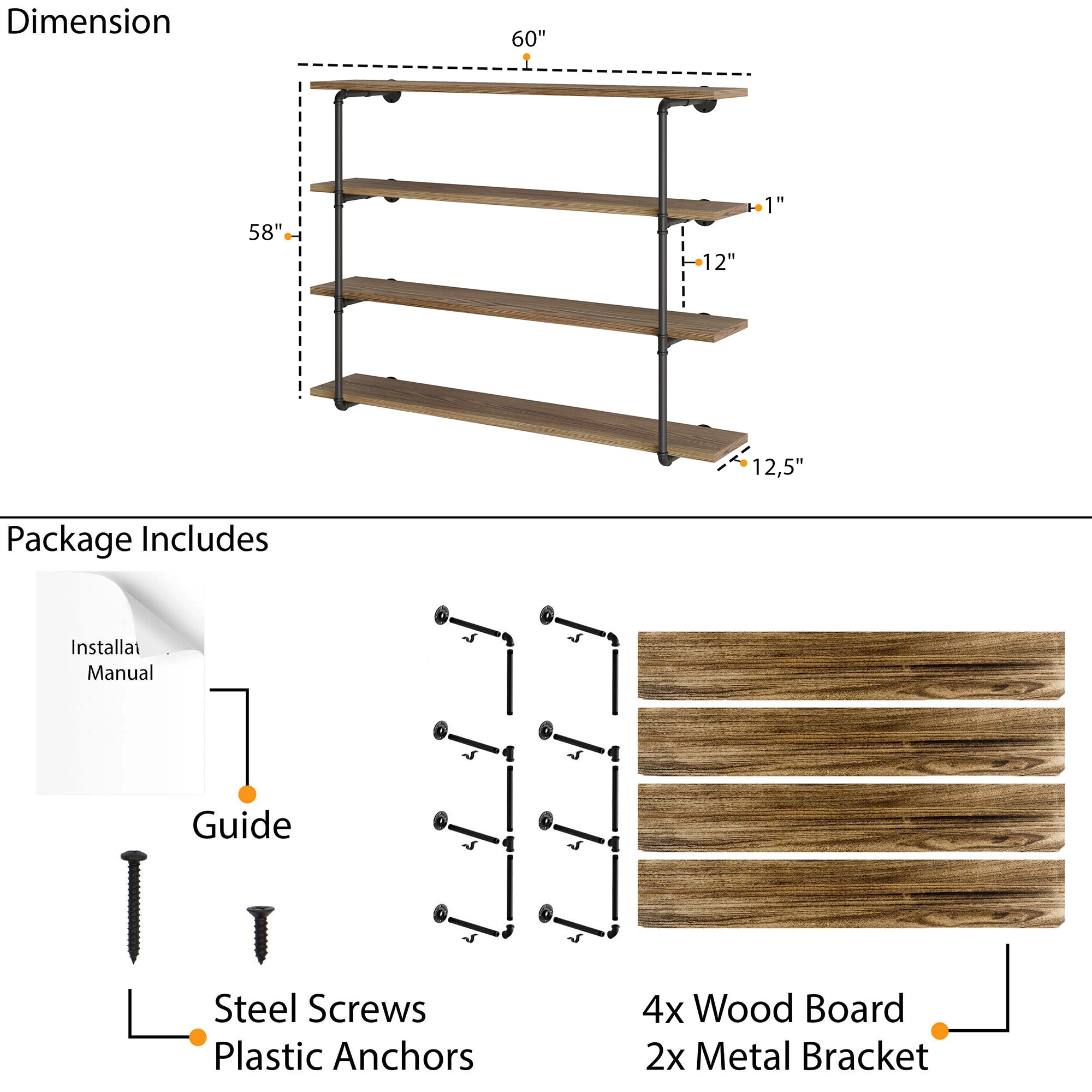 60” x 58” 4 tier pipe shelf dimensions with rich ebony finish wood boards and black pipe brackets. Includes hardware, anchors, screws, and installation guide for durable wall-mounted shelving and rustic storage.