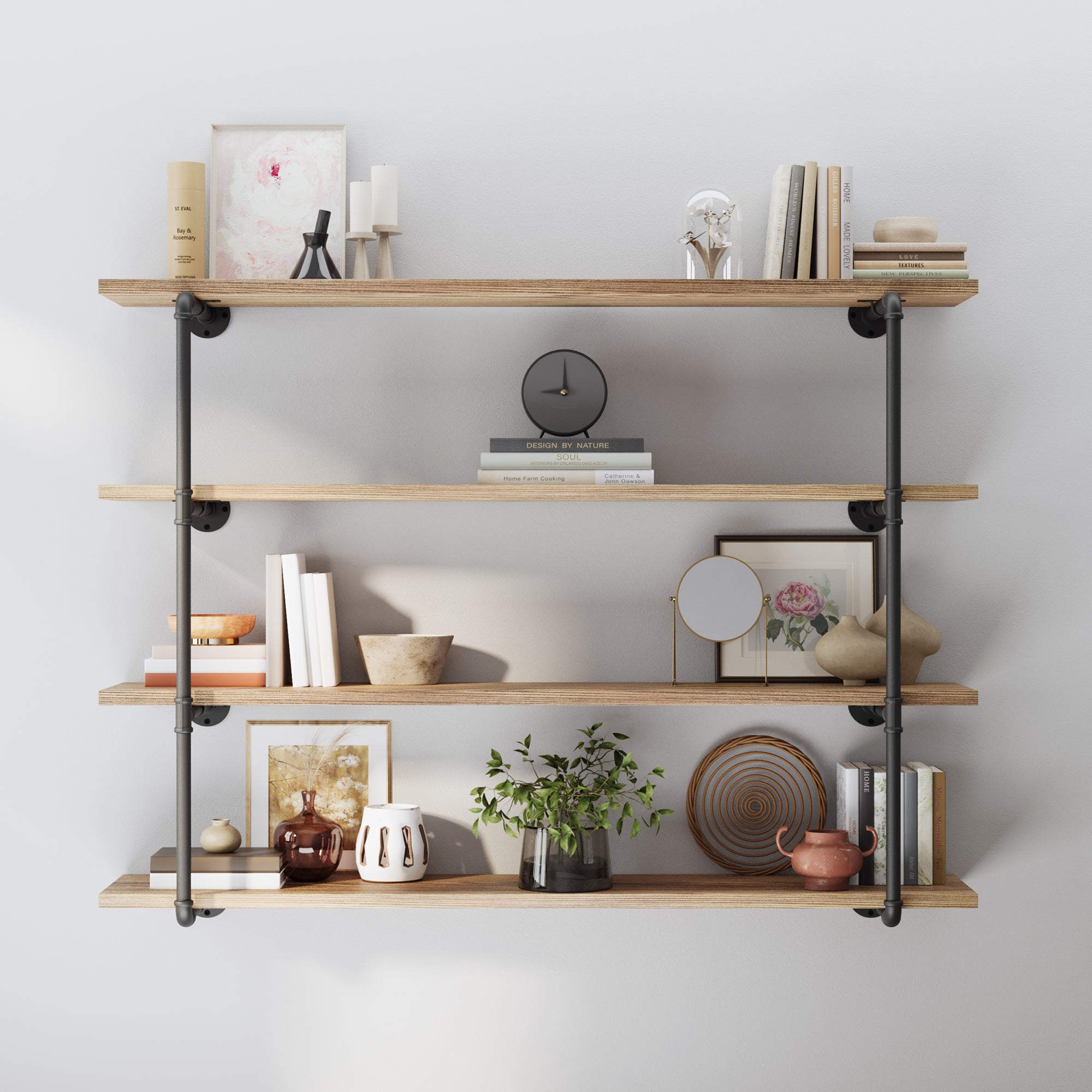 60 inch industrial pipe shelf with a rich burnt finish, styled as a 4 tier wall bookshelf for living room décor. This rustic pipe shelving unit combines farmhouse charm and modern storage for books, plants, and decorative accents.