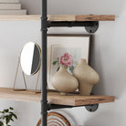 A 4 tier industrial pipe shelf featuring a rich burnt finish with visible wood grain and sturdy black metal pipe brackets. A 60” wall-mounted bookshelf designed for rustic, loft, and farmhouse-inspired interiors.