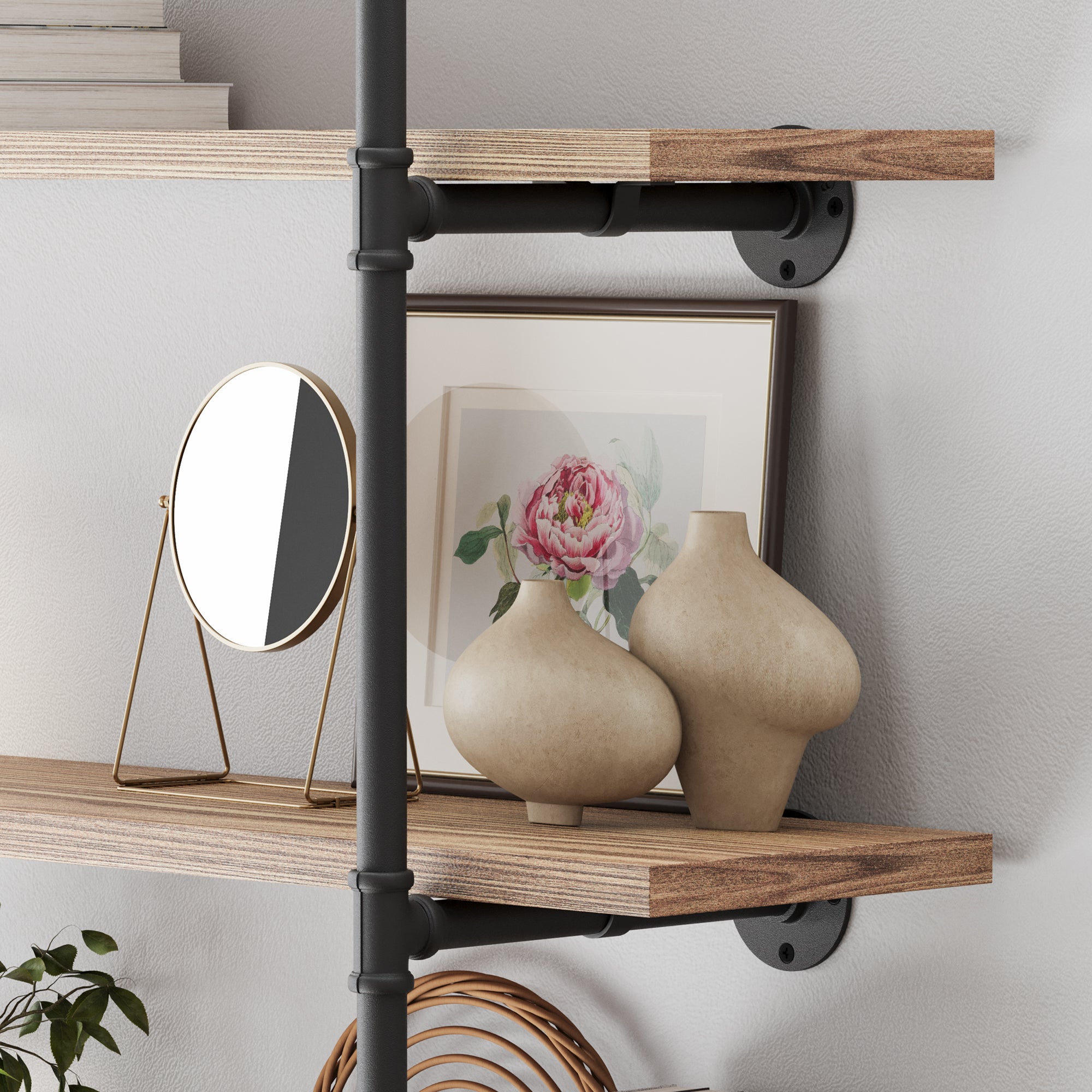 A 4 tier industrial pipe shelf featuring a rich burnt finish with visible wood grain and sturdy black metal pipe brackets. A 60” wall-mounted bookshelf designed for rustic, loft, and farmhouse-inspired interiors.
