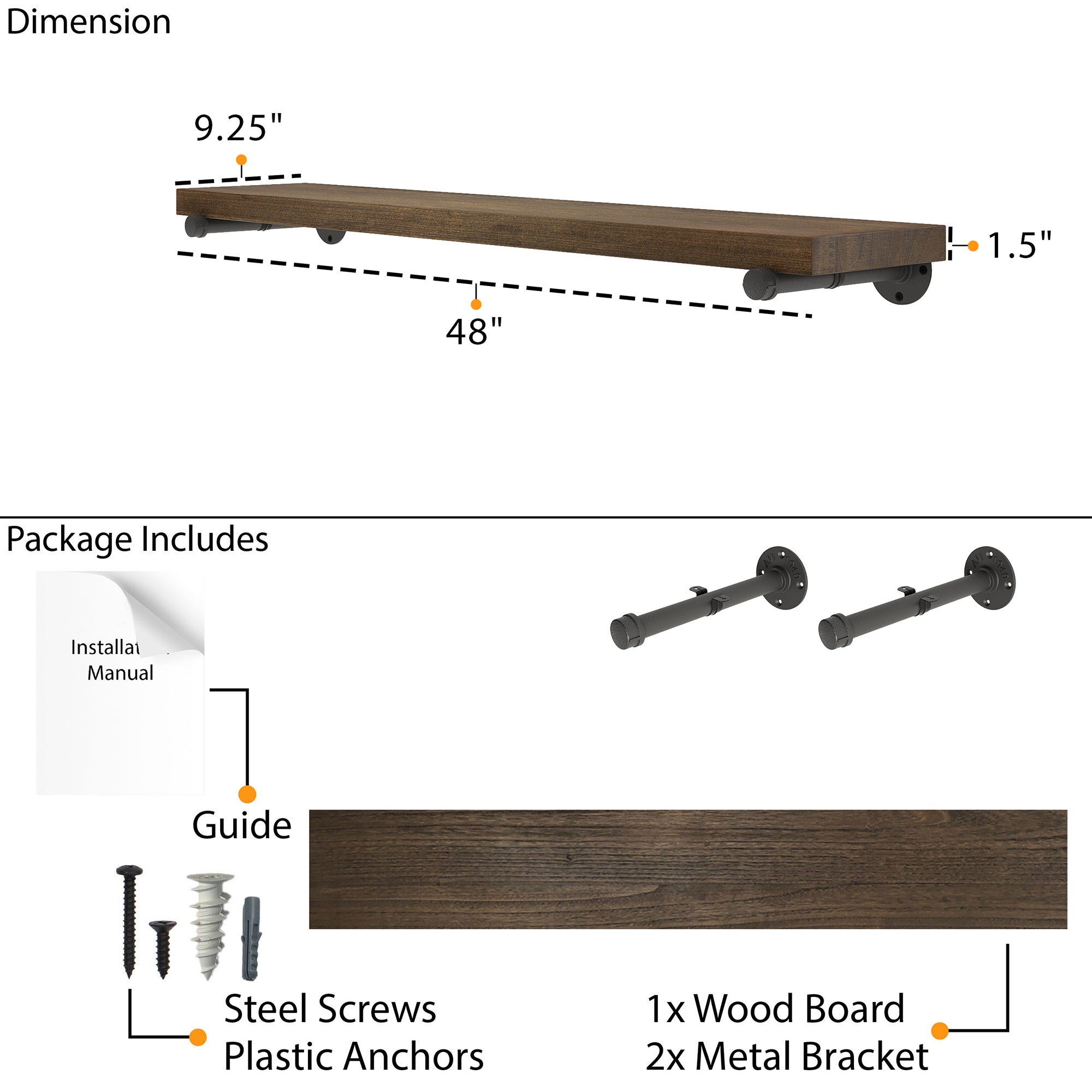 Floating bookshelf for wall with dimensions and package contents including a guide, screws, and brackets.