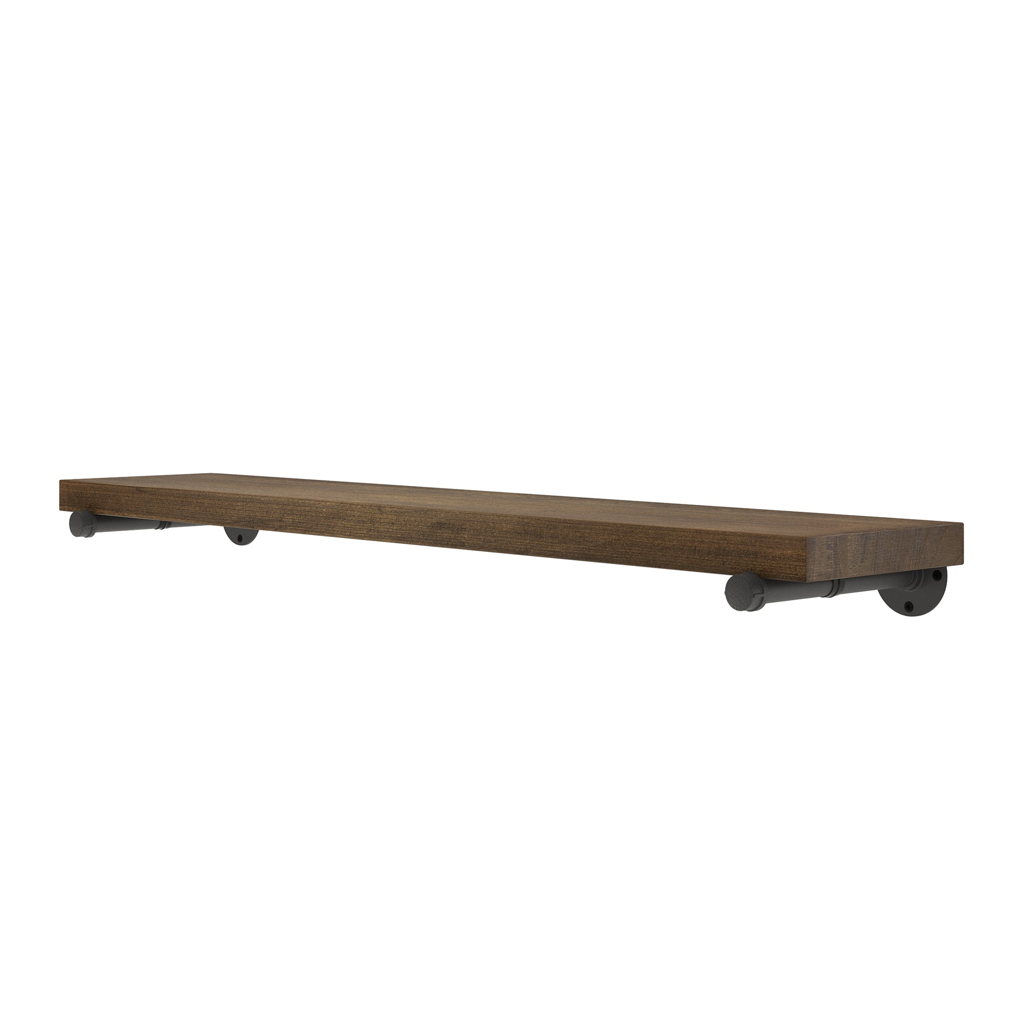 Long real wooden shelf with black pipe shelving brackets on a white background