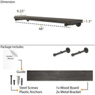 Wall bookshelf with industrial pipe brackets with dimensions and package contents including metal brackets, screws, and a guide.