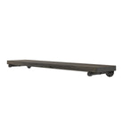 A rustic shelf with black pipe brackets on a white background.