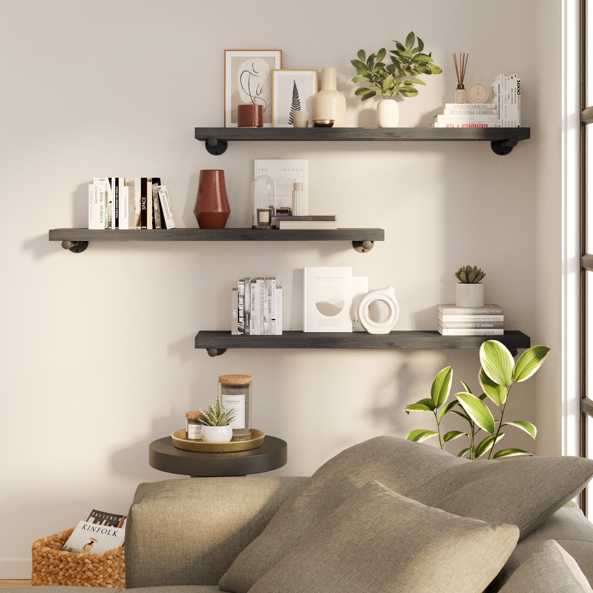 3 48" living room shelves with books, plants, and decor items against a neutral wall.
