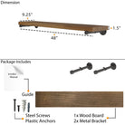 A decorative shelf with dimensions and package contents including a guide, screws, and brackets.