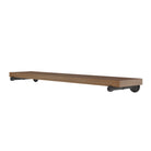 Wooden wall mount shelf with black metal pipe brackets on a white background