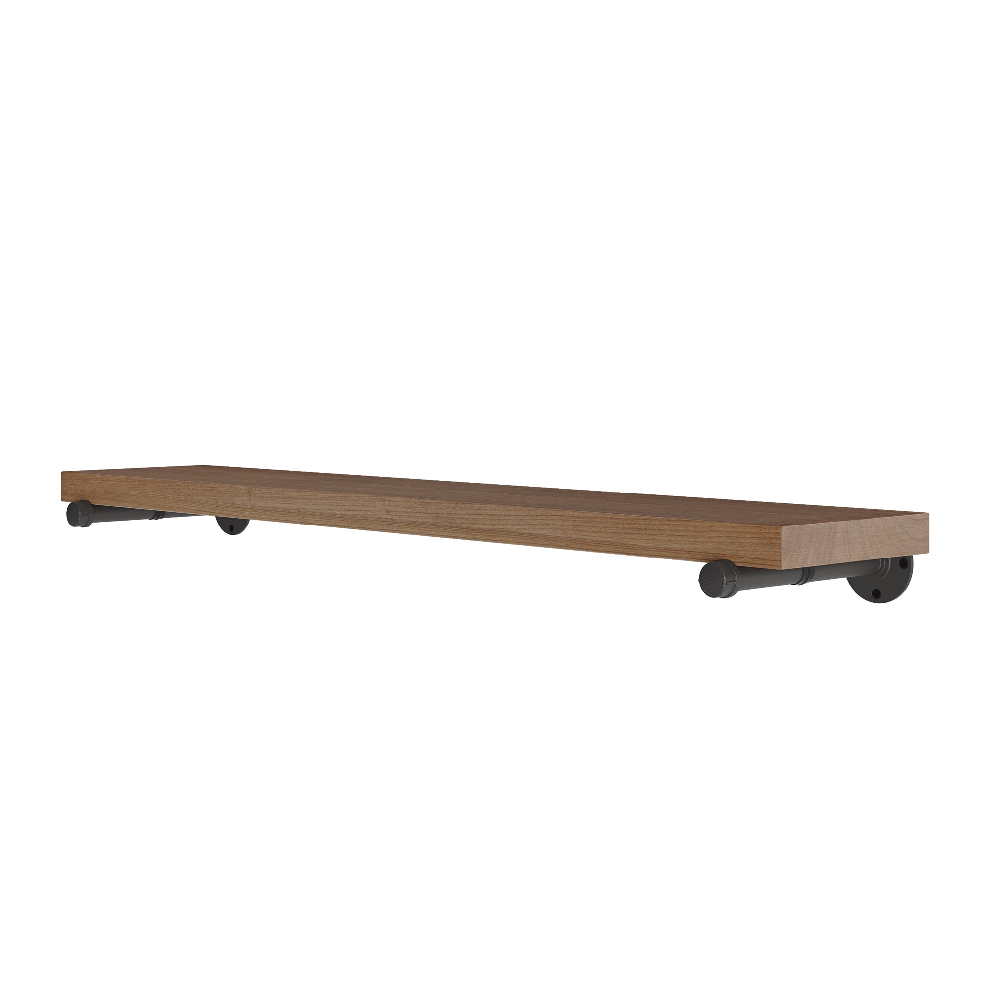 Wooden wall mount shelf with black metal pipe brackets on a white background