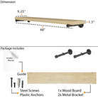 Wooden shelf with dimensions and package contents including a guide, steel screws, plastic anchors, wood board, and metal brackets.