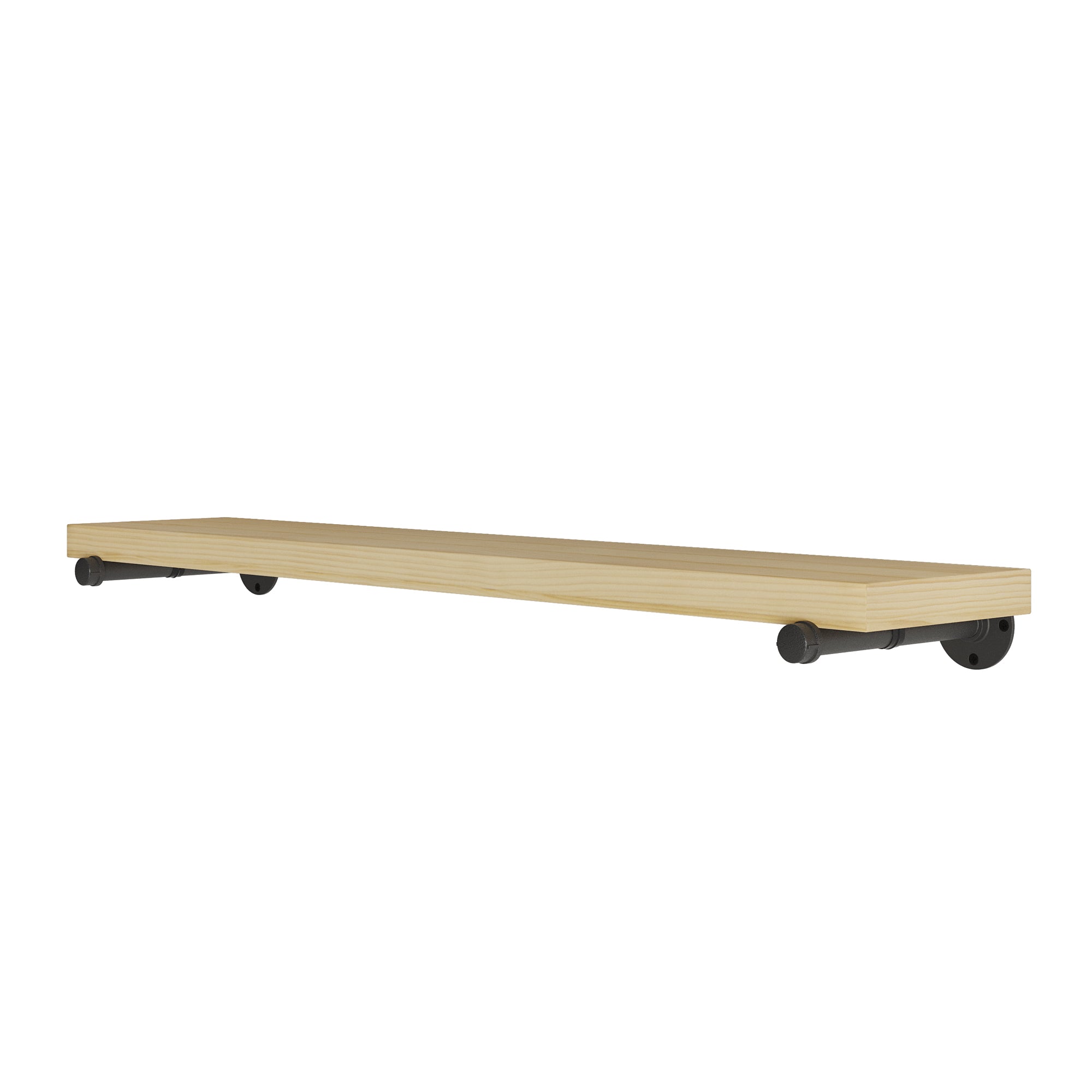 Wall mounted storage shelf with black metal pipe brackets on a white background