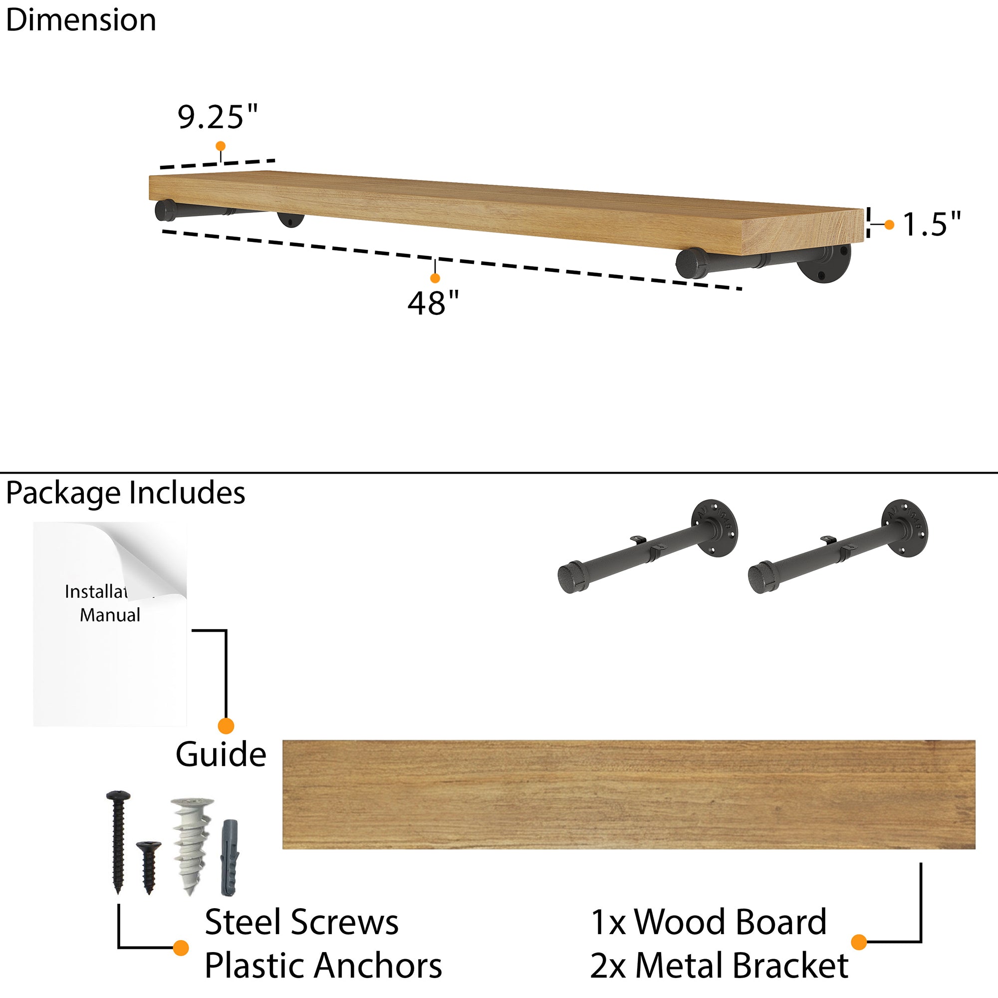 Display shelf with dimensions and package contents including a guide, installation manual, steel screws, plastic anchors, wood board, and metal brackets.