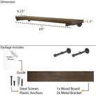 Dimension and package overview of the 60" farmhouse shelf featuring a 9.25" deep, 1.5" thick wooden board with industrial pipe brackets. Includes hardware, anchors, screws, and installation guide for easy wall mounting.