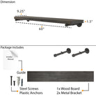 Dimension and package details of the 60" pipe shelf with a 9.25" deep, 1.5" thick wood board and industrial pipe brackets. Includes hardware, screws, anchors, and installation guide for easy wall mounting.