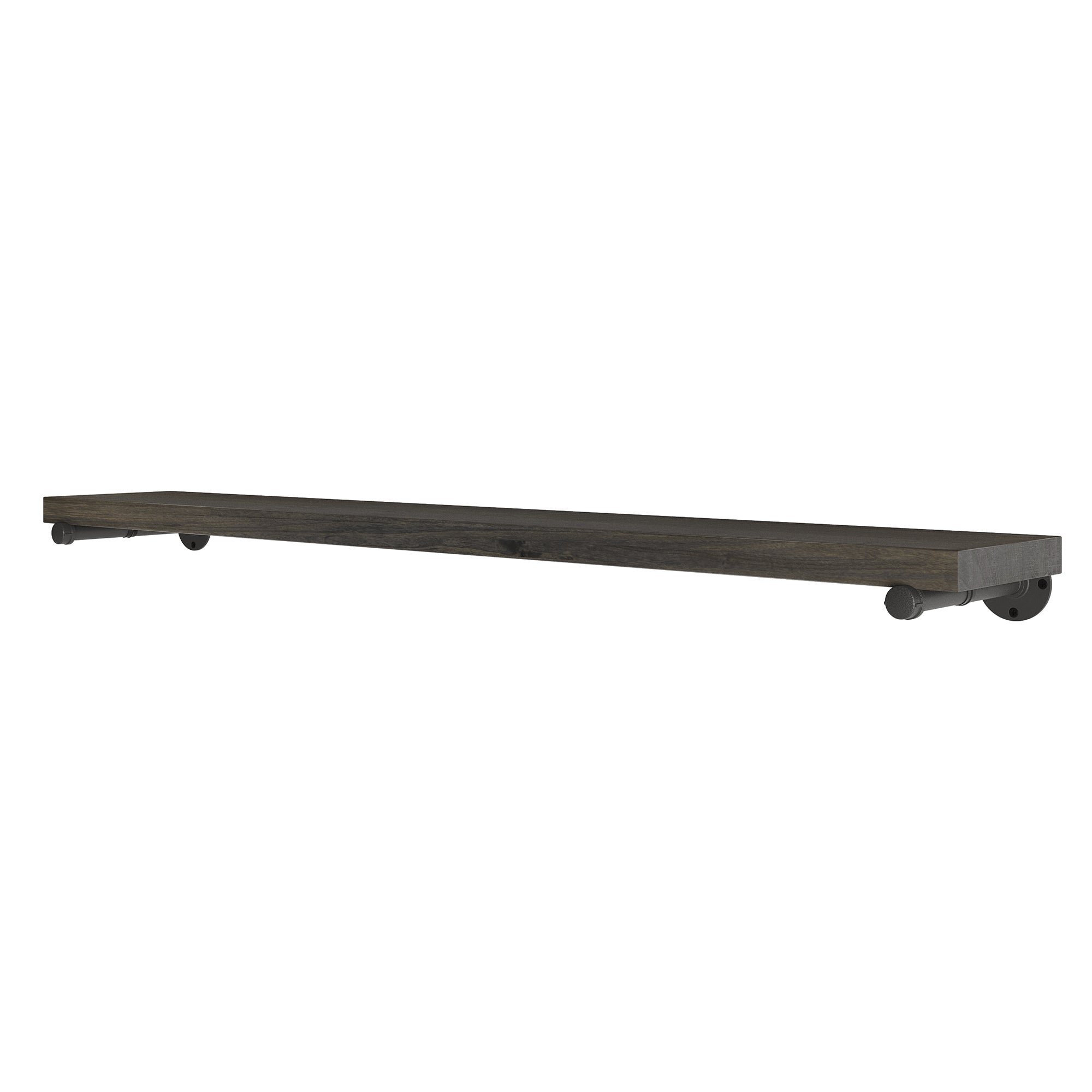1.5" thick real wood long pipe shelf with a rustic wood board and heavy-duty black pipe brackets. Durable wall-mounted shelf design for displaying books, décor, kitchen essentials, or organizing office and living room spaces.