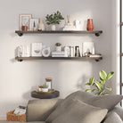 Two 60" long wall mounted shelves displayed in a modern living room, offering stylish wall-mounted storage for books, plants, and décor. Industrial pipe shelving blends rustic wood with contemporary home organization.