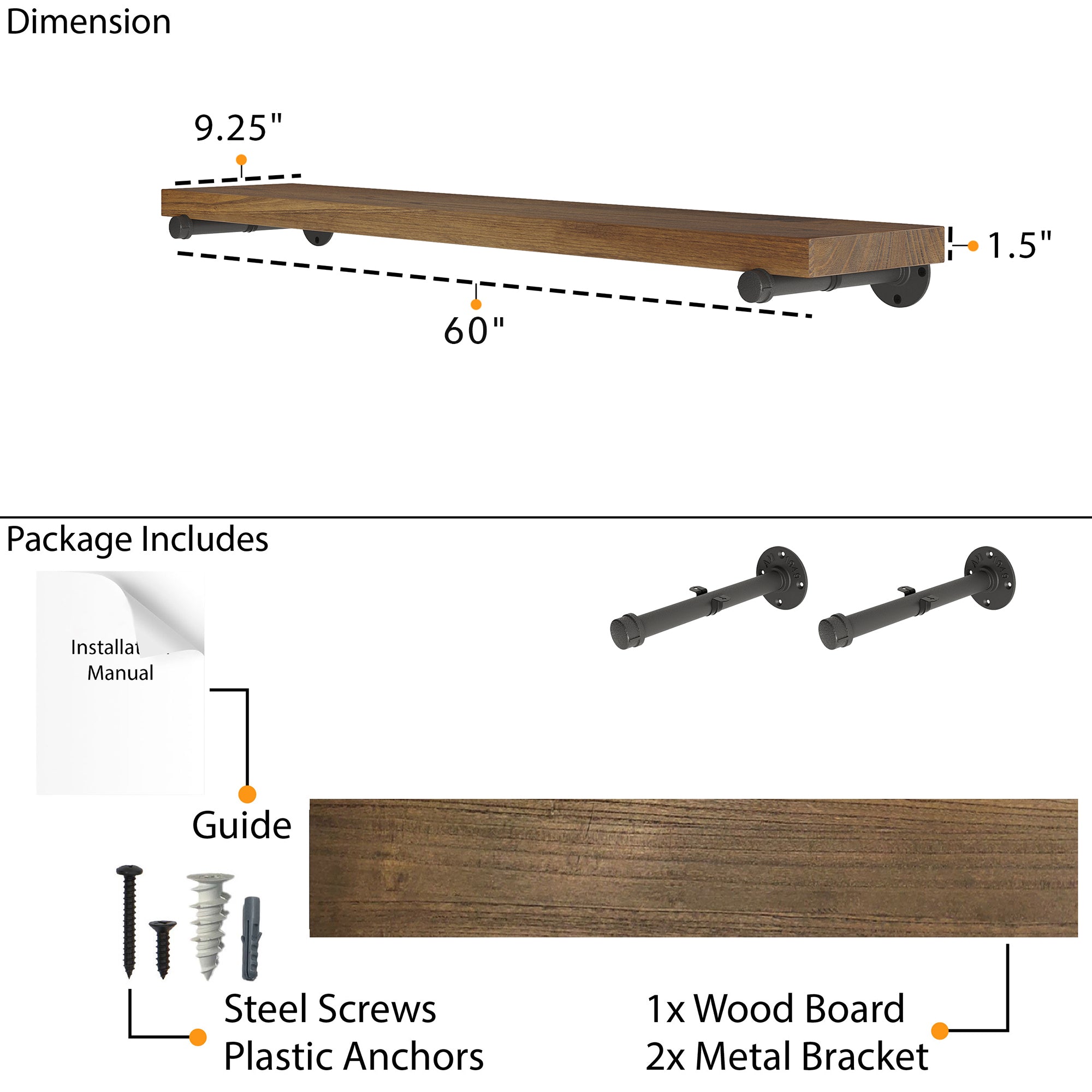 60 inch shelf dimensions and package details featuring a 9.25” deep, 1.5” thick wood board with durable pipe shelf brackets. Includes mounting hardware, screws, anchors, and installation guide for easy setup.