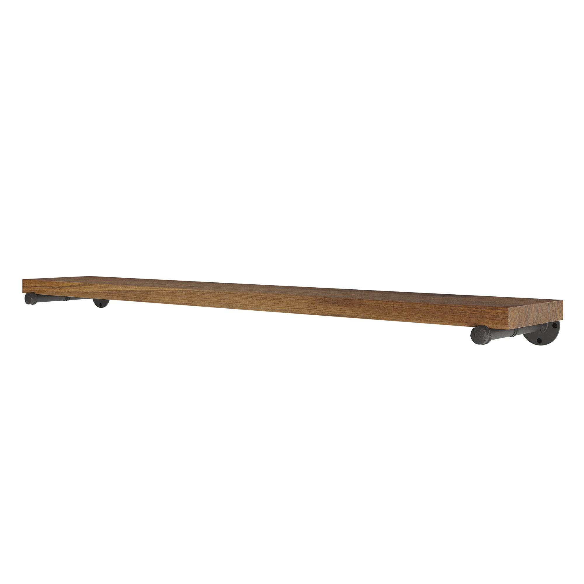 Extra long 60" pipe shelf in a rich provincial finish crafted with a thick wood board and heavy-duty metal brackets. Rustic wall shelf for displaying collectibles, books, kitchen essentials, or creating decorative wall storage.
