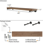 Industrial pipe shelf dimensions featuring a 9.25” deep, 1.5” thick wood board with durable metal pipe brackets. Includes mounting hardware, screws, anchors, and installation guide for easy wall mounting.