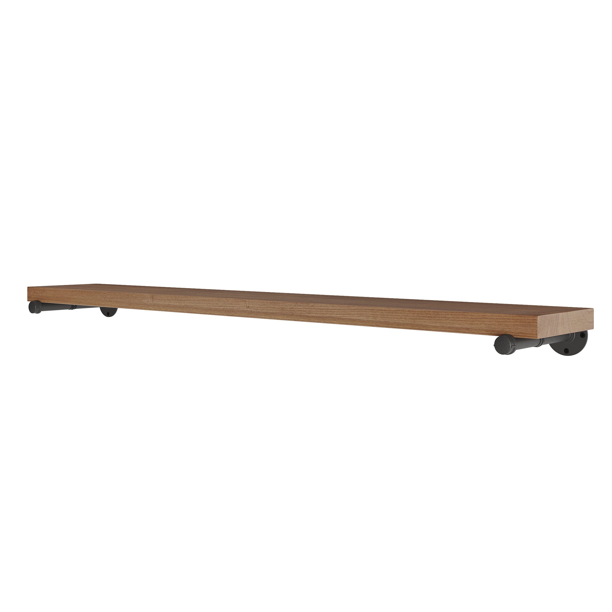 Extra long 60” wooden shelf with heavy-duty pipe brackets and thick wood construction. A versatile industrial wall shelf for displaying décor, books, collectibles, kitchen storage, or office essentials.