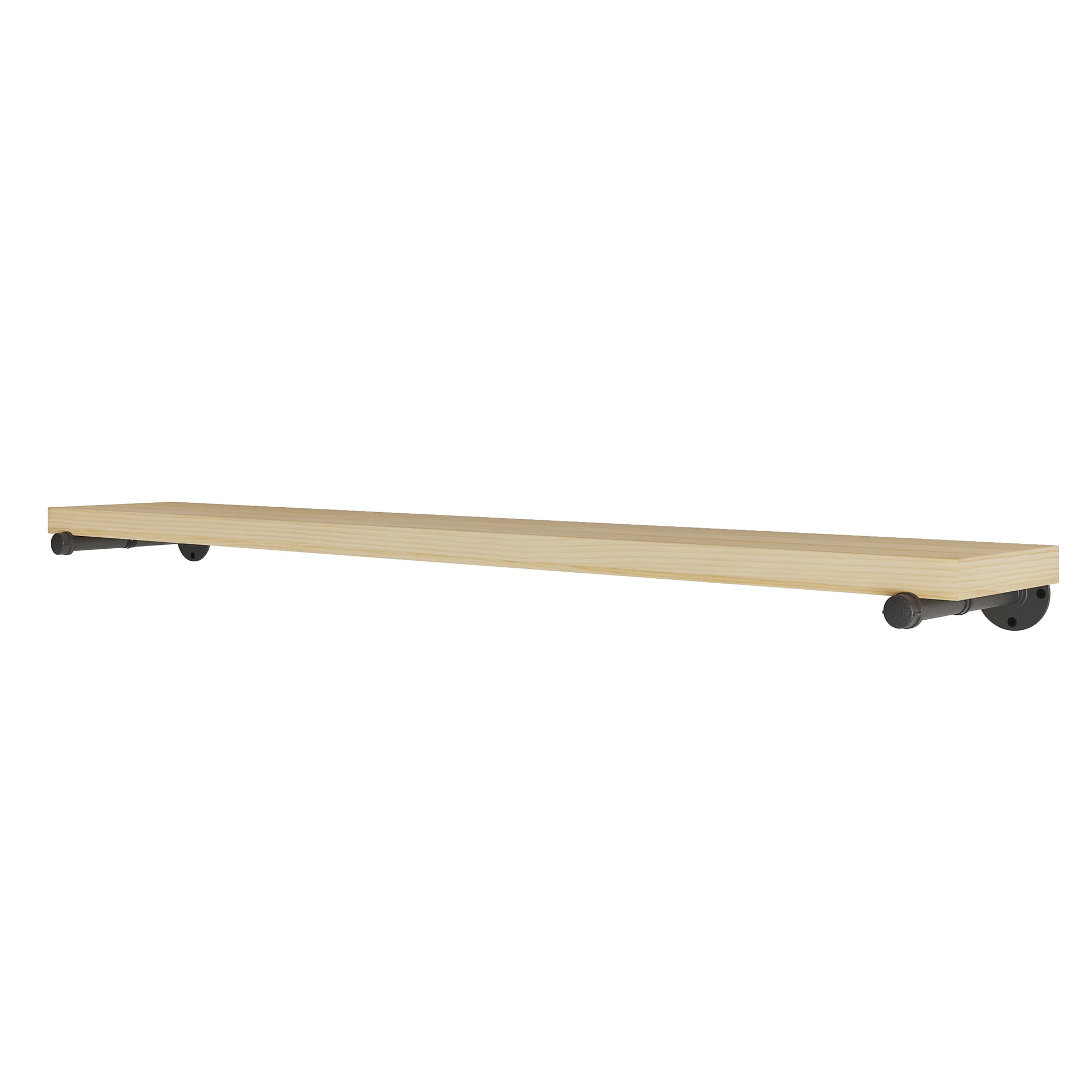 Extra long 60 inch wood shelf with heavy-duty metal pipe brackets and a sleek natural finish. A versatile wall mounted shelf for displaying books, framed art, collectibles, kitchen essentials, or office décor.