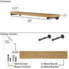 60” floating shelf dimensions highlight a spacious 9.25” depth and thick 1.5” wood board in golden oak finish. Includes heavy-duty pipe brackets, mounting hardware, screws, anchors, and installation guide for easy setup.